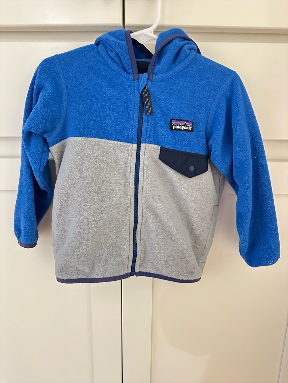 Patagonia Blue and Light Gray Kids Hooded Fleece Jacket